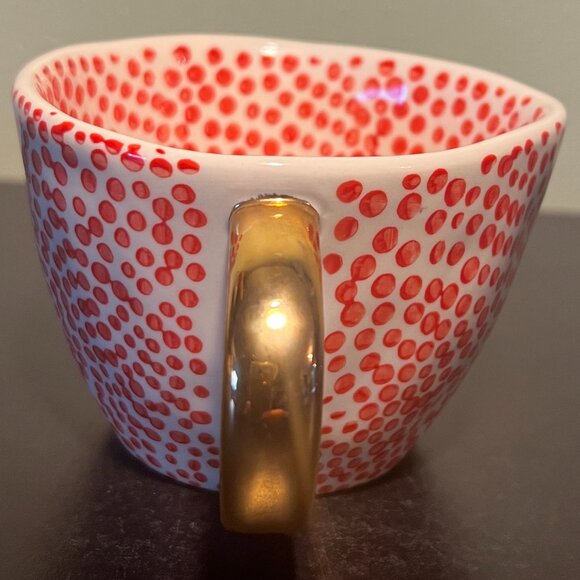 CREATIVE CO-OP Artisan Look Stoneware Mug w/ Red Dots Design & Shiny Gold Handle - Picture 6 of 11